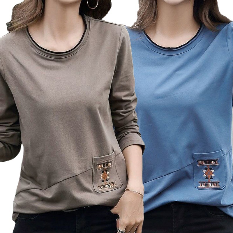 Women's Embroidered Pocket Long Sleeve T-shirt