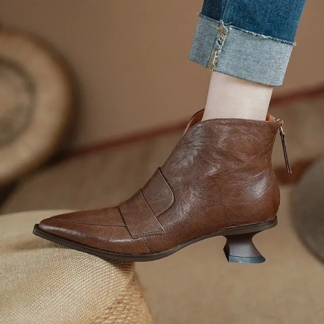 Womens French style Vintage Pointed toe Mid heel Ankle Boots Brown - Shop at LoveMi