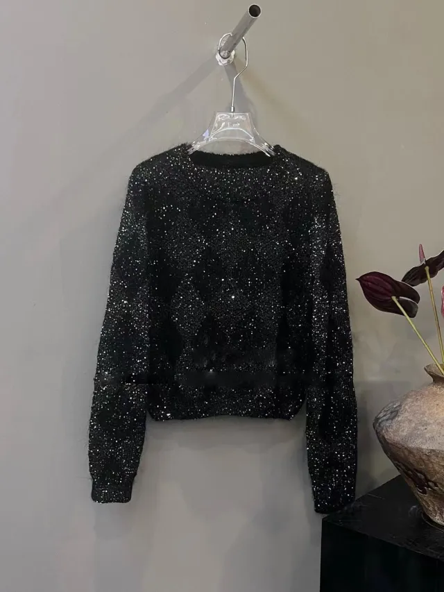 Bead Yarn Rhombus Jacquard Crew Neck Pullover Sweater Black - Shop at LoveMi