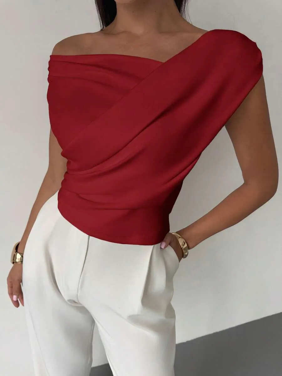 Fashion Personality Solid Color Sleeveless T-shirt For Women - Red