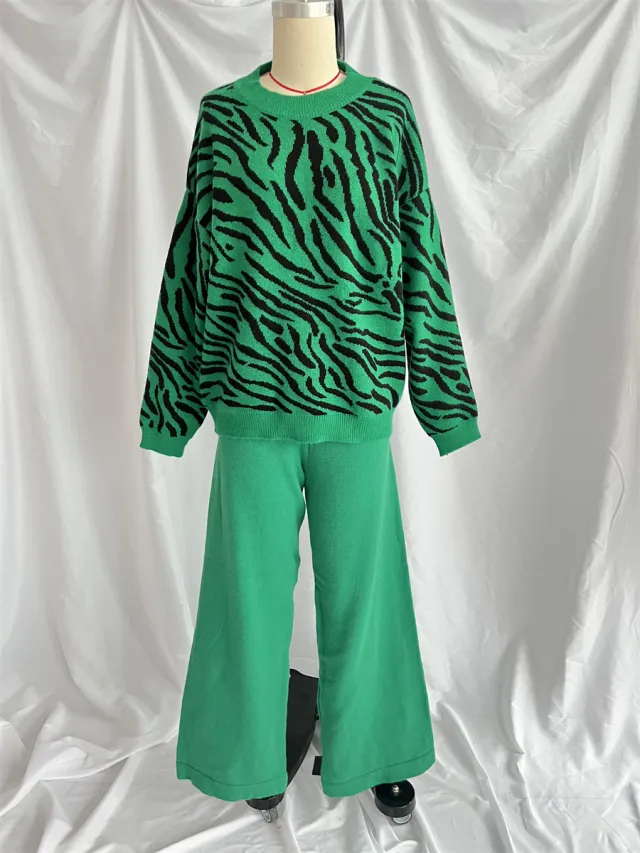 Commuter Knitted Two piece Zebra Pattern Contrast Color Green Suit - Shop at LoveMi