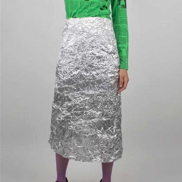 Skirt Pleated High Waist Back Slit Trendy Wild - Silver