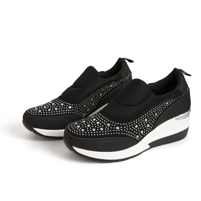 New Fashion Comfortable Rhinestone Height Increasing Mesh Wedge High Heel Women Black - Shop at LoveMi