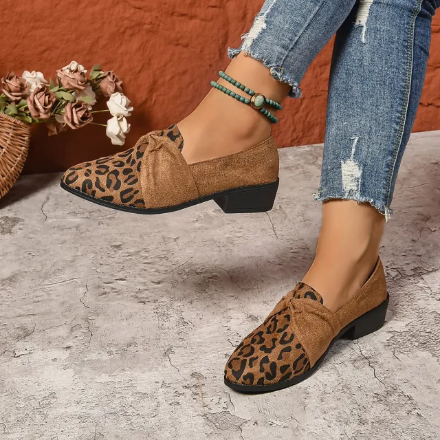 Women's Loafers Pointed Toe Chunky Heel Shoes Leopard - Shop at LoveMi