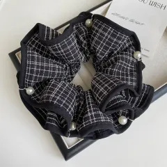 New Retro Black And White Checkered Pearl 3D High-end Scrunchie - Pearl Black And White Check - View 1