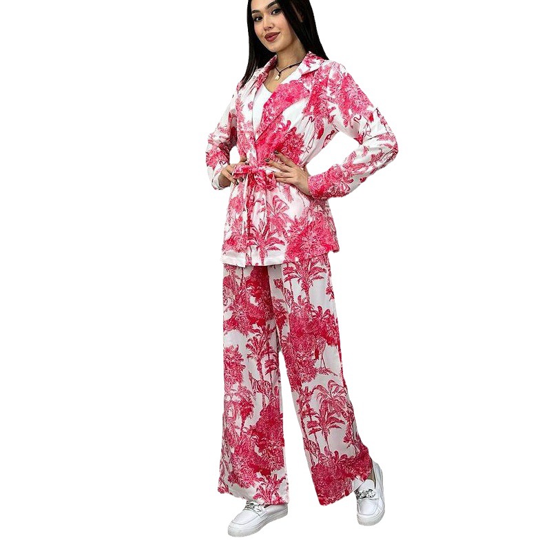 European And American Digital Printing Suit Women's Long Sleeve Loose Lace-up Casual Two-piece Suit
