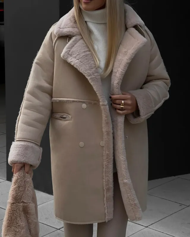 Suede Coat Suit Collar Long Cardigan Long Sleeve Plush Coat Khaki - Shop at LoveMi
