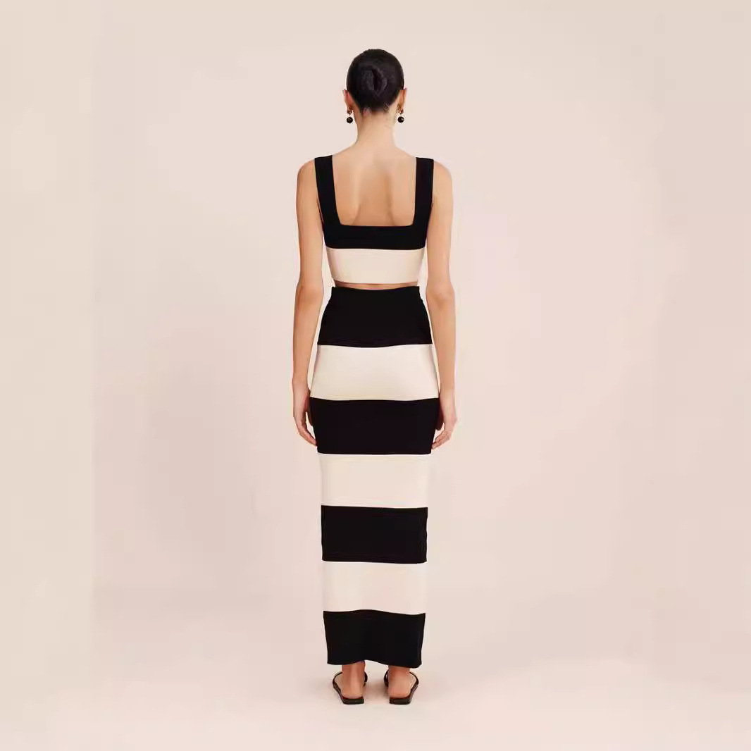 Knitted Striped Vest Sling Sweater Long Dress Suit