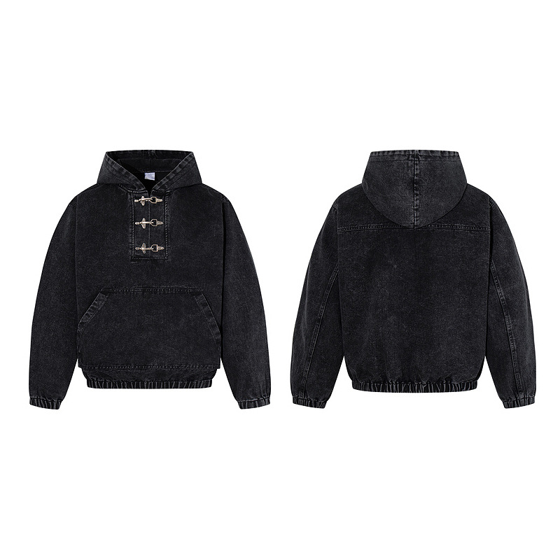 Mens Black Hoodie With Distressed Wash And Lobster-claw Button Detailing