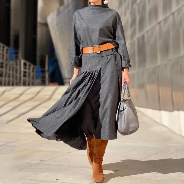 Women's Autumn Long Sleeve Loose Solid Color Dress Gray - Shop at LoveMi
