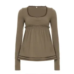 Swing Collar Backless Slim Fit Long-sleeved T-shirt Women - Brown - View 1