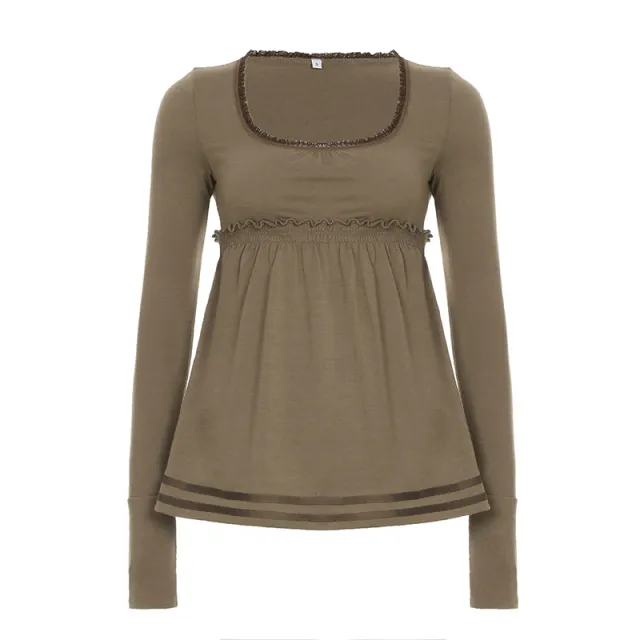 Swing Collar Backless Slim Fit Long sleeved T shirt Women Brown - Shop at LoveMi
