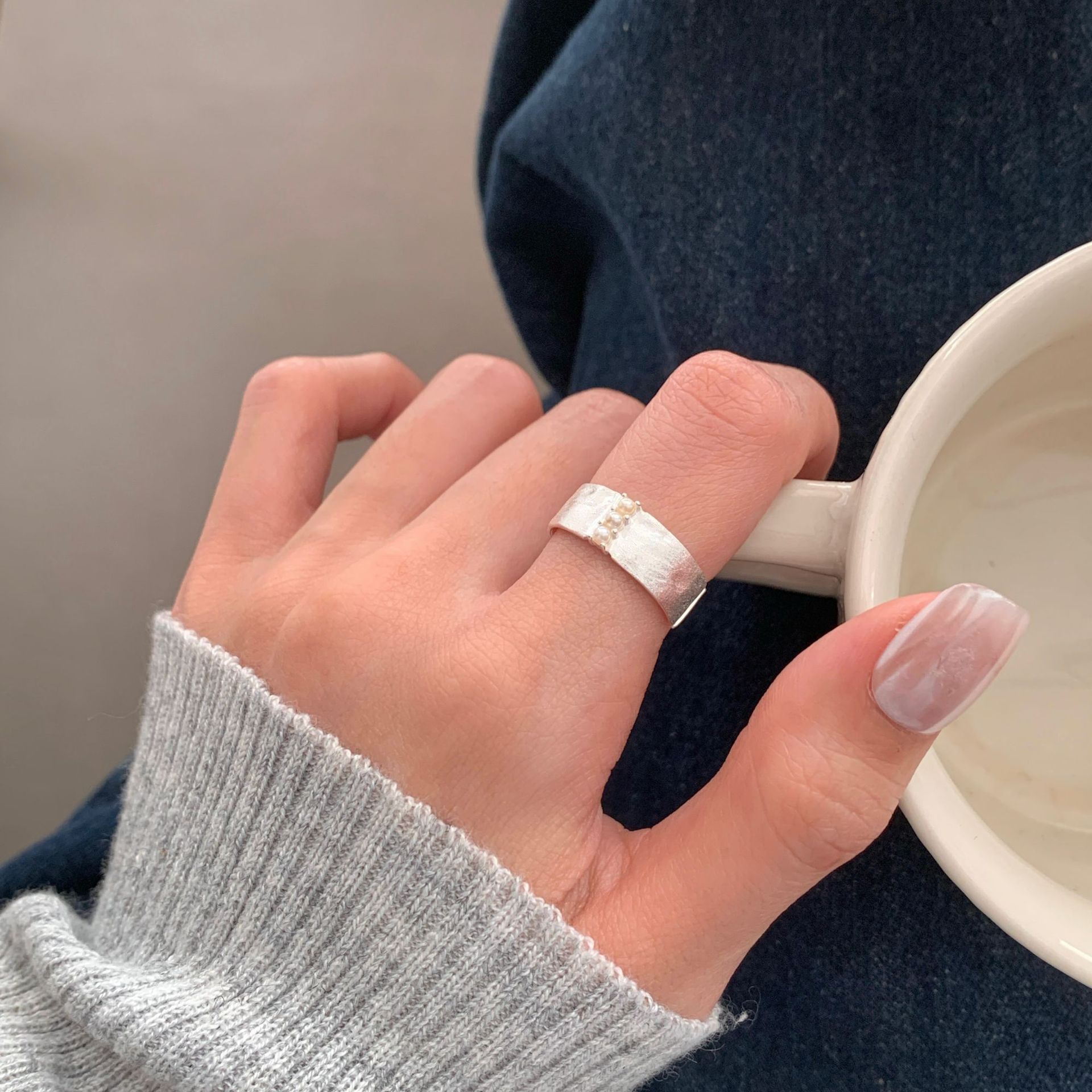 S925 Sterling Silver Brushed Pearl Ring For Women