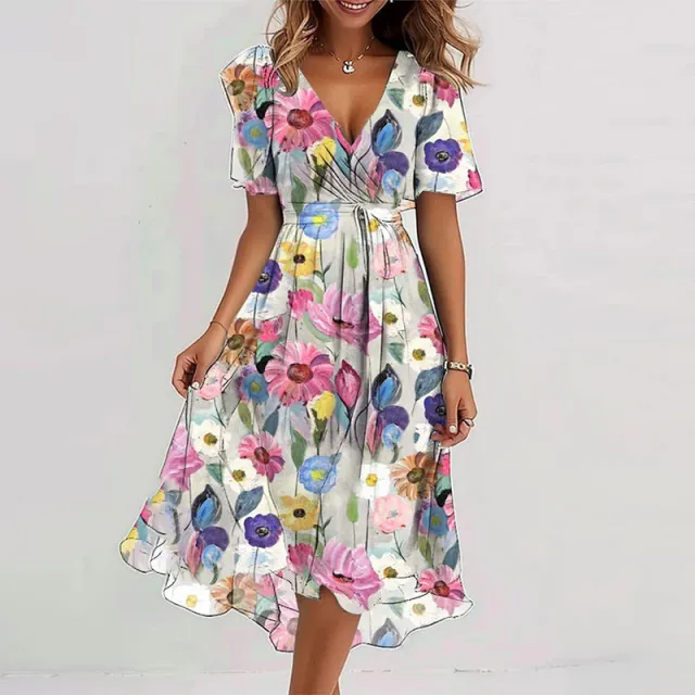 Flowers Printed V neck Dress Summer A line Short sleeved Dresses For Women Flower Color 2 - Shop at LoveMi