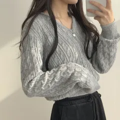 Twist-knit V-neck Waist-cinching Long-sleeve Knit Sweater - Light Gray - View 1