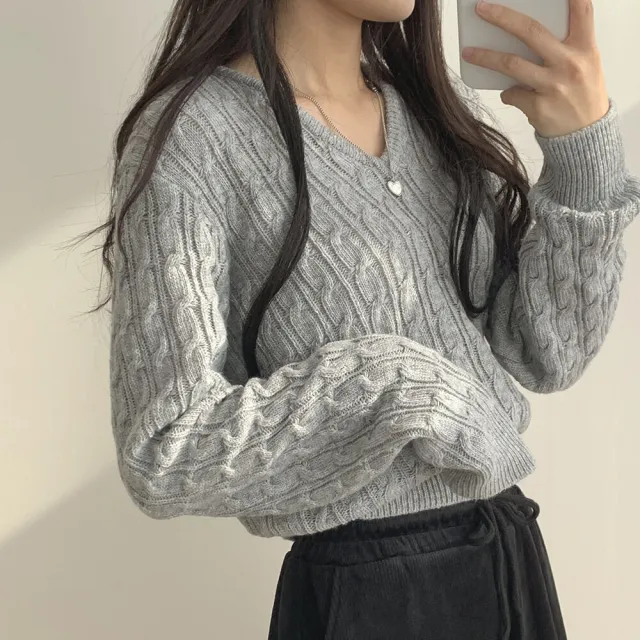 Twist knit V neck Waist cinching Long sleeve Knit Sweater Light Gray - Shop at LoveMi