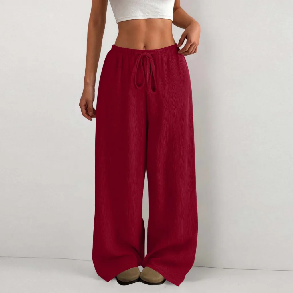 Women's Solid Color Loose Wrinkle Waist Drawstring Wide Leg Casual Trousers - Wine