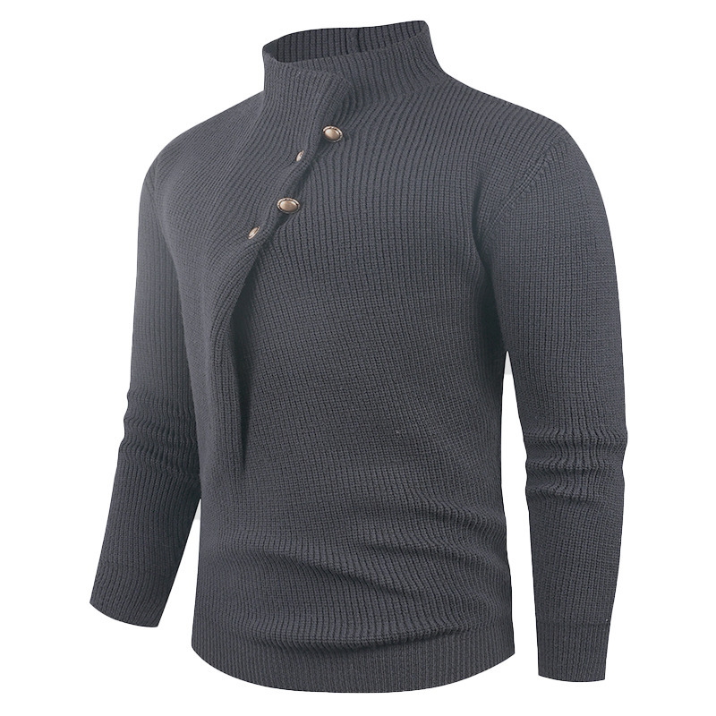 Mens Fashion Stand Collar Sweater With Slanted Buttons Mens Casual Pullover - Image 4