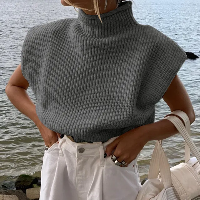 Women's Solid Color Turtleneck Sweater With Short Sleeves Top Gray - Shop at LoveMi