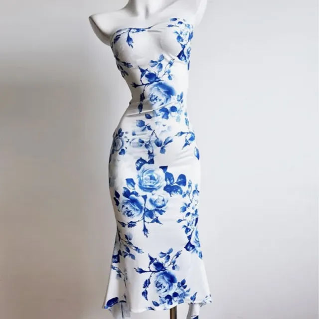 Tube Top Dress Blue And White Porcelain Sheath Fishtail Skirt Blue - Shop at LoveMi