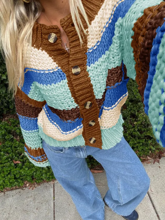 Ladies Striped Thick Needle Button Cardigan Sweater Brown - Shop at LoveMi