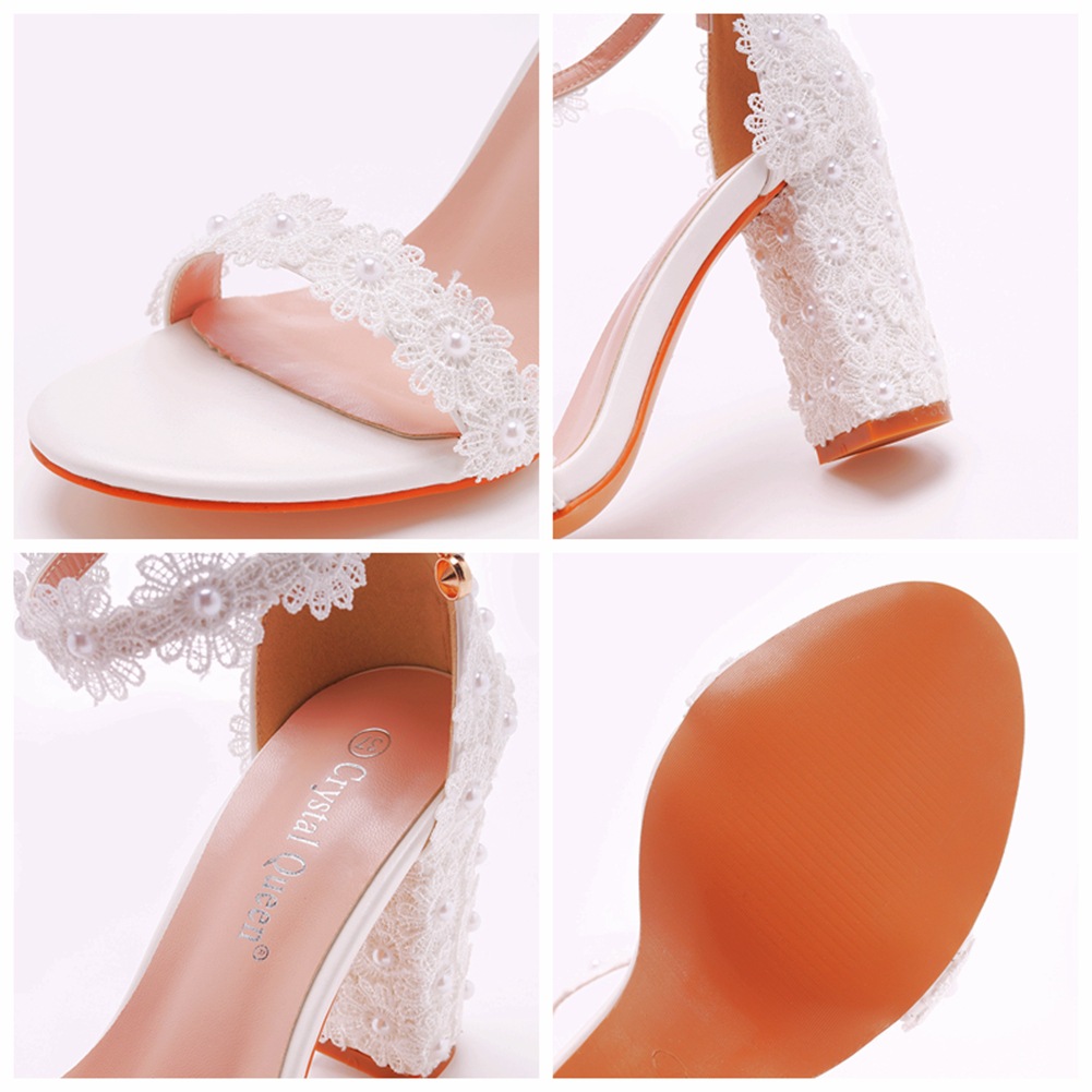 White Floral Lace Ankle Strap Bridal Heels