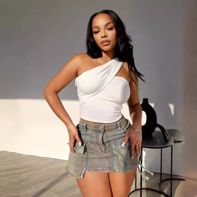 Simple Style Oblique Shoulder Tube Top Two way Wear Sleeveless Short Top White - Shop at LoveMi