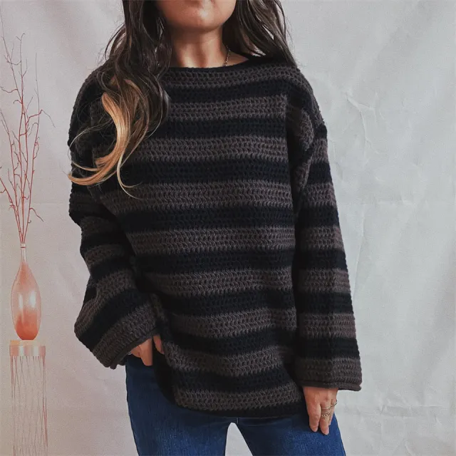 Women's Loose Off Shoulder Striped Long sleeved Sweater Black Brown - Shop at LoveMi