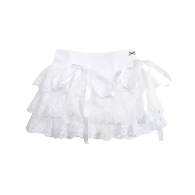 French Retro White Sweet Lace Pleated Skirt White - Shop at LoveMi