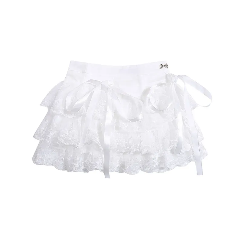 French Retro White Sweet Lace Pleated Skirt - White
