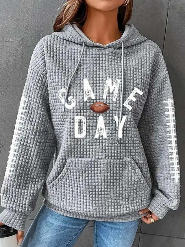 Women's Rugby Print Hooded Waffle Sweater A28H1H231511G M - Shop at LoveMi