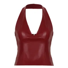 Women's Solid Color And V-neck Leather Halter Back Zipper Vest - Wine Red - View 1