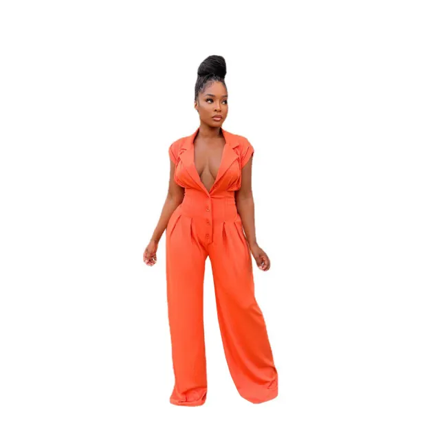 Women's Button Elastic Short Sleeve Stand Collar Wide Leg Jumpsuit Orange - Shop at LoveMi