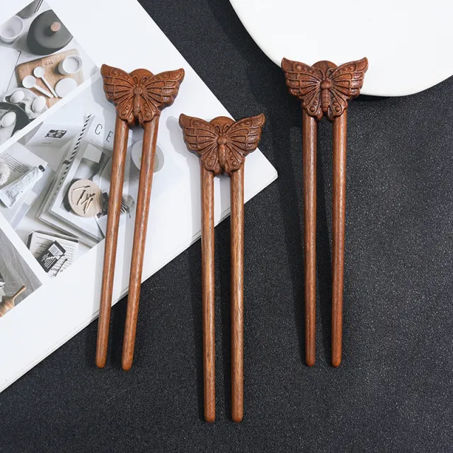 Wooden Women's Headdress Animal Hairpin Double Butterfly Random - Shop at LoveMi