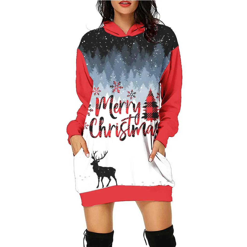 Women's Fashion Casual Printing Christmas Holiday Party Sweater Dress - Swy090203-M