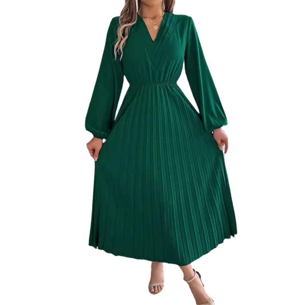 Elegant Womens Long Pleated Dress With A Triple V-Neck Long Sleeves And A Defined Waist