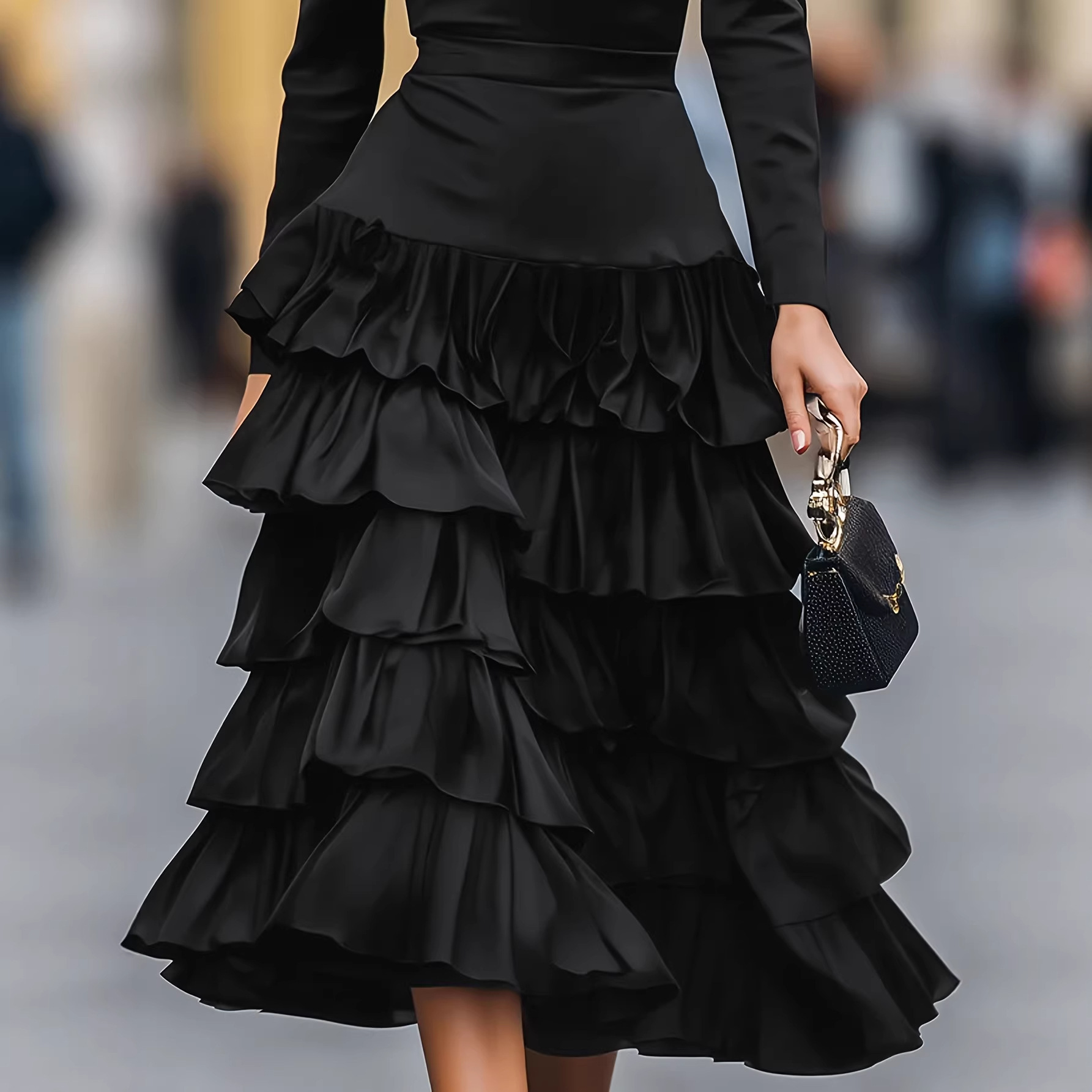 Stylish And Elegant Solid-color Casual Black Multi-layered Tiered Skirt