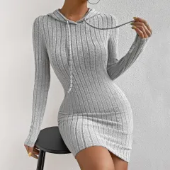 Women's Solid Color High Waisted Fashionable Hooded Sweatshirt Dress - Gray - View 1