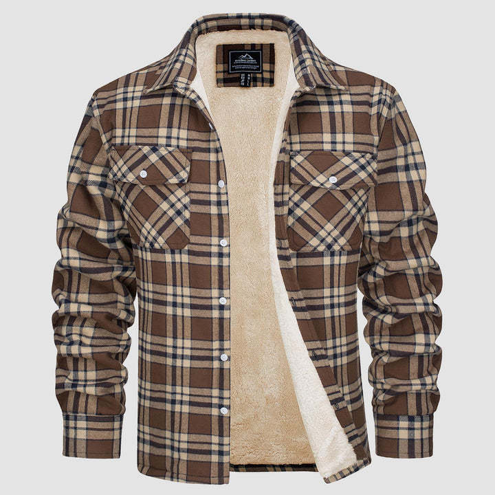 Fleece Lined Men's Jacket Long Sleeve Lapel Plaid - Picture 8 of 14