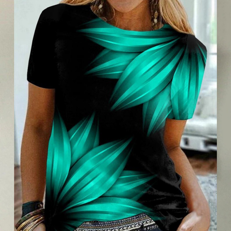 Artificial Cotton 3D Sunflower Print Round Neck T-shirt