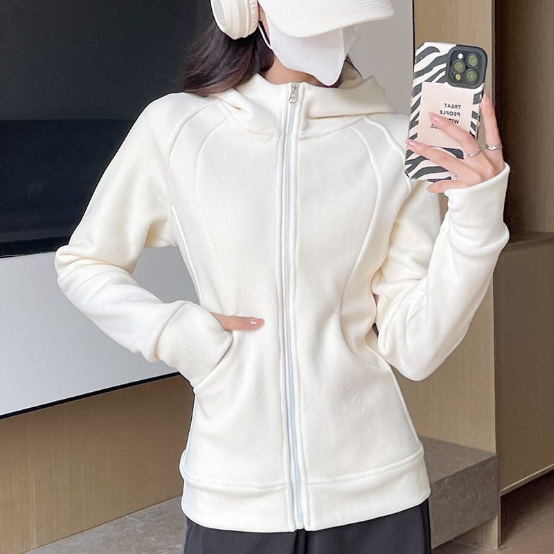 Fleece lined Stand Collar Sweater Polar Fleece Yoga Clothes Tan - Shop at LoveMi