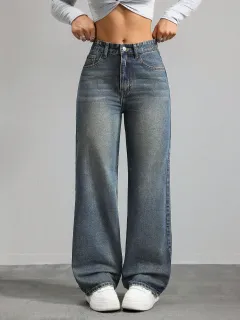 Wide-leg Jeans High Waist Multi-pocket Straight-leg Pants - Prussian Blue - View 1
