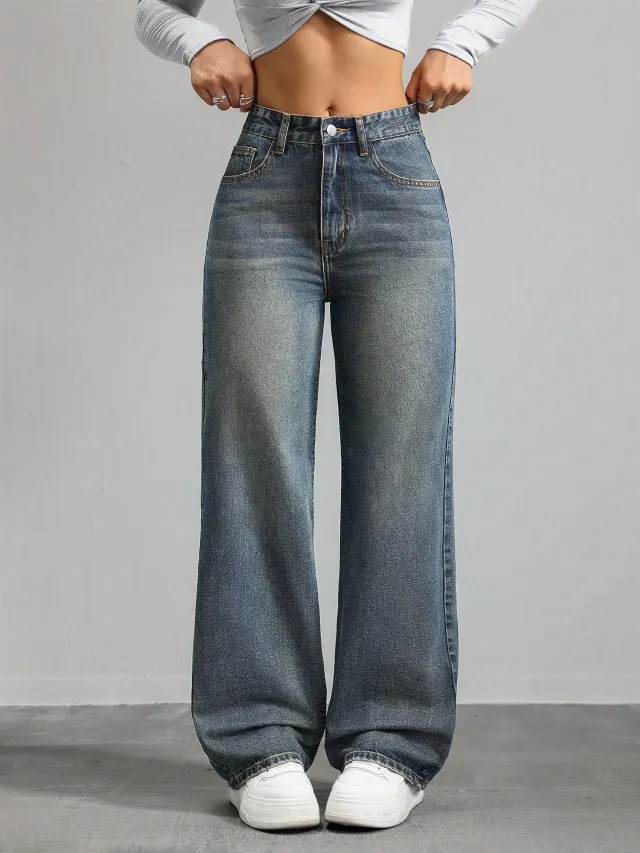 Wide leg Jeans High Waist Multi pocket Straight leg Pants Prussian Blue - Shop at LoveMi