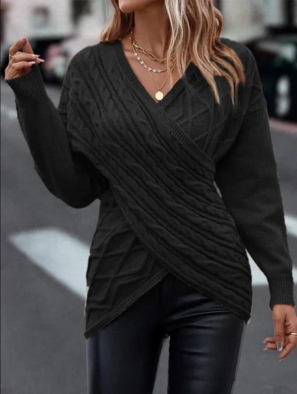 Women's Fashion Casual Solid Colour And V-neck Cross Brocade Sweater - Black