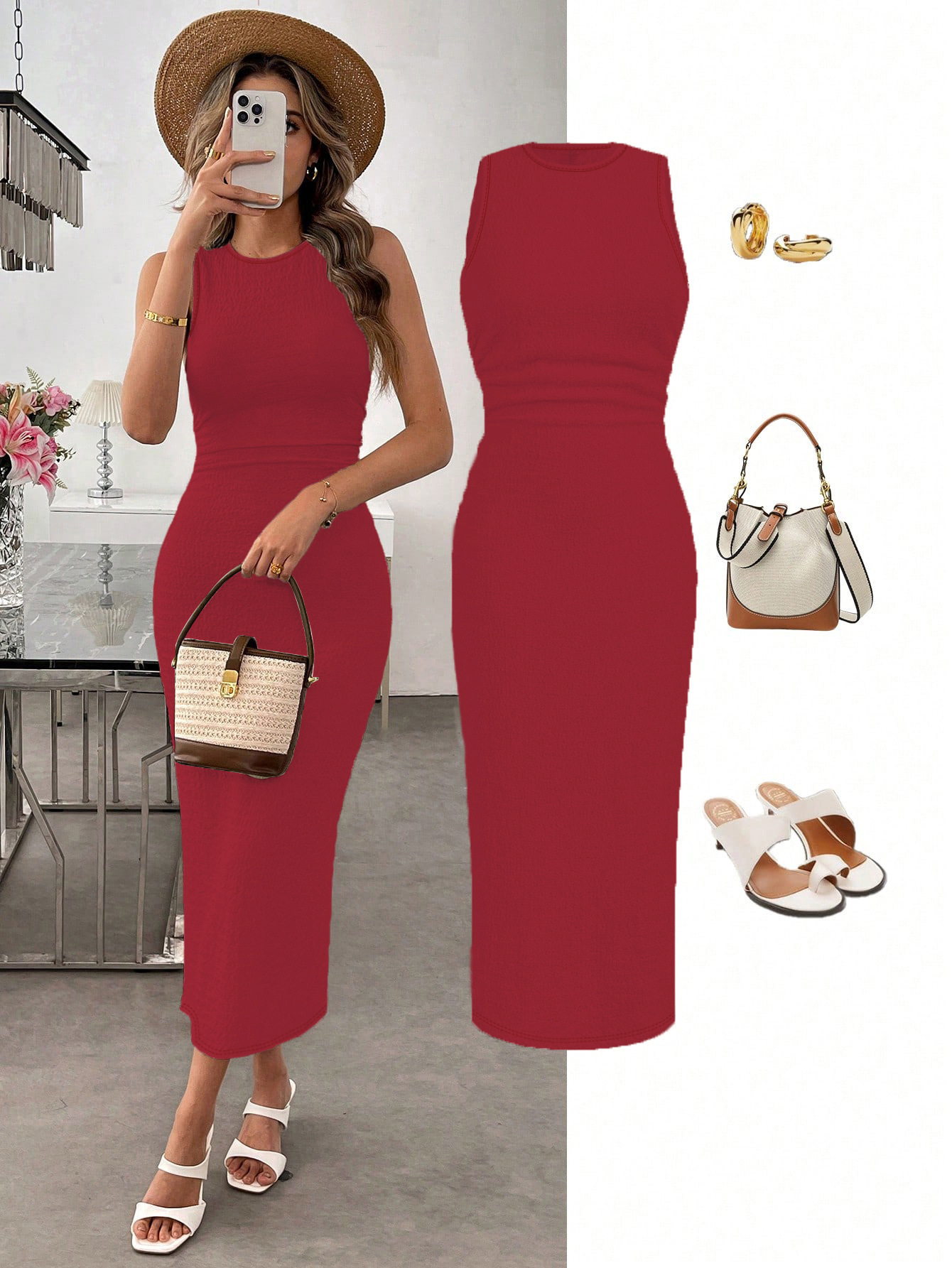 Vacation Style Short Sleeve Slit Slim fitting Dress Dark Red - Shop at LoveMi