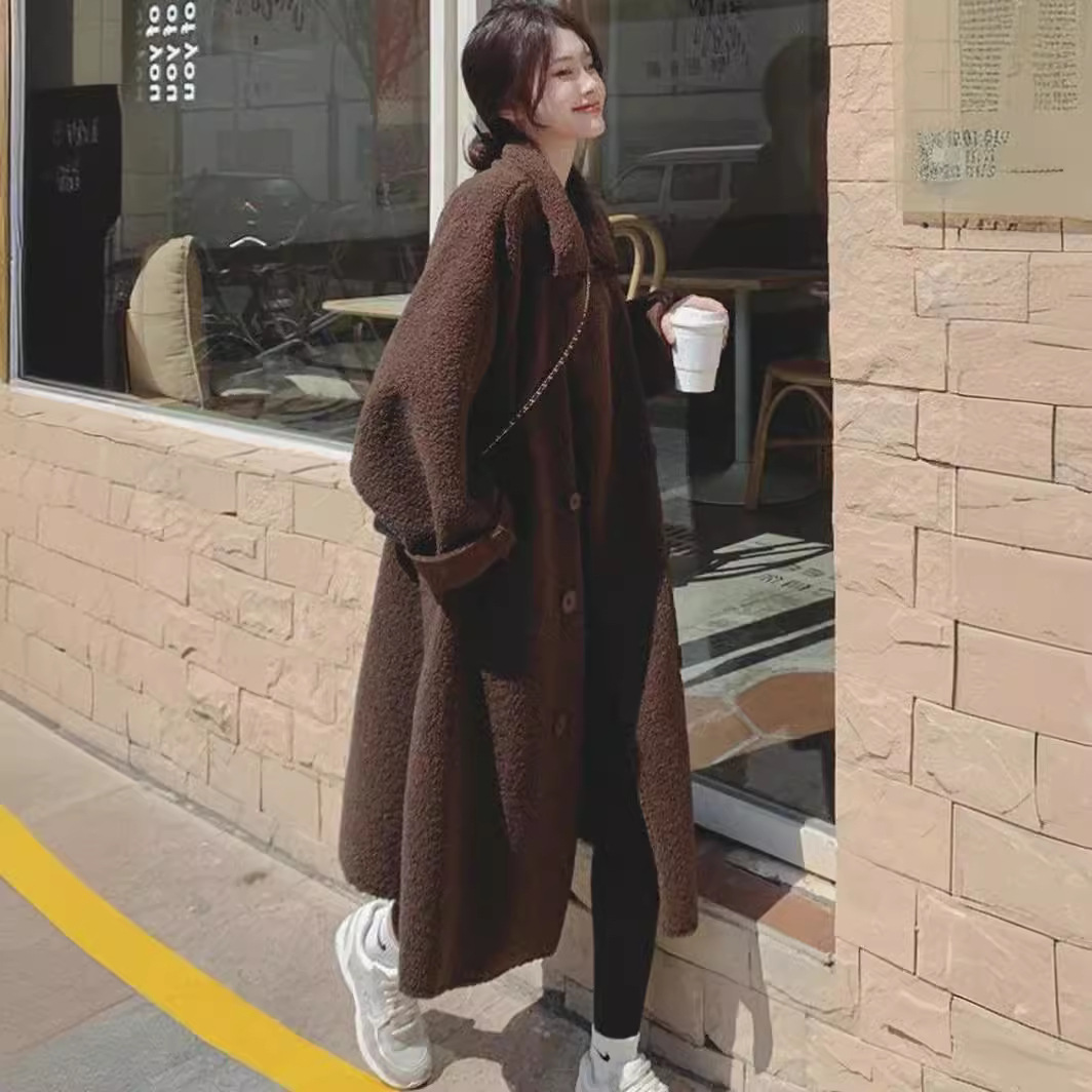 Fashion Korean Style Lamb Wool Brown Women's Coat
