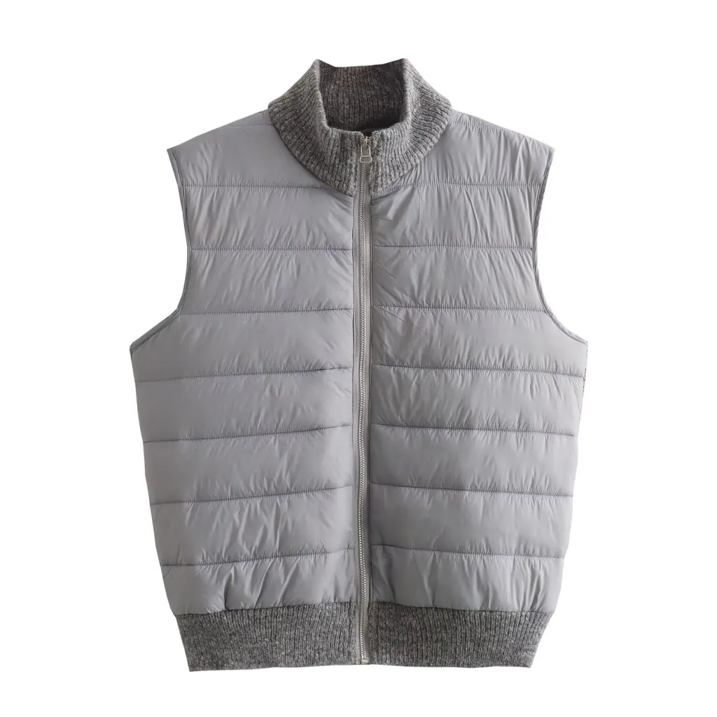 Winter Sleeveless Warm Stand Collar Casual Stitching Zipper Vest - Gray