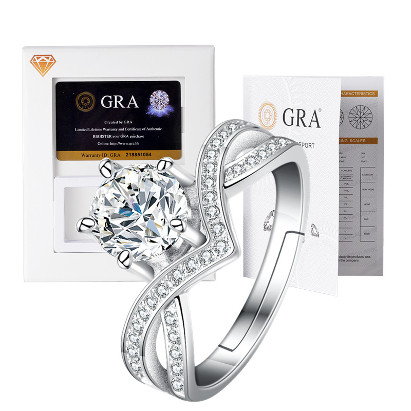 S925 Sterling Silver Ring Female 1 Karat V-shaped Moissanite Open Mouth