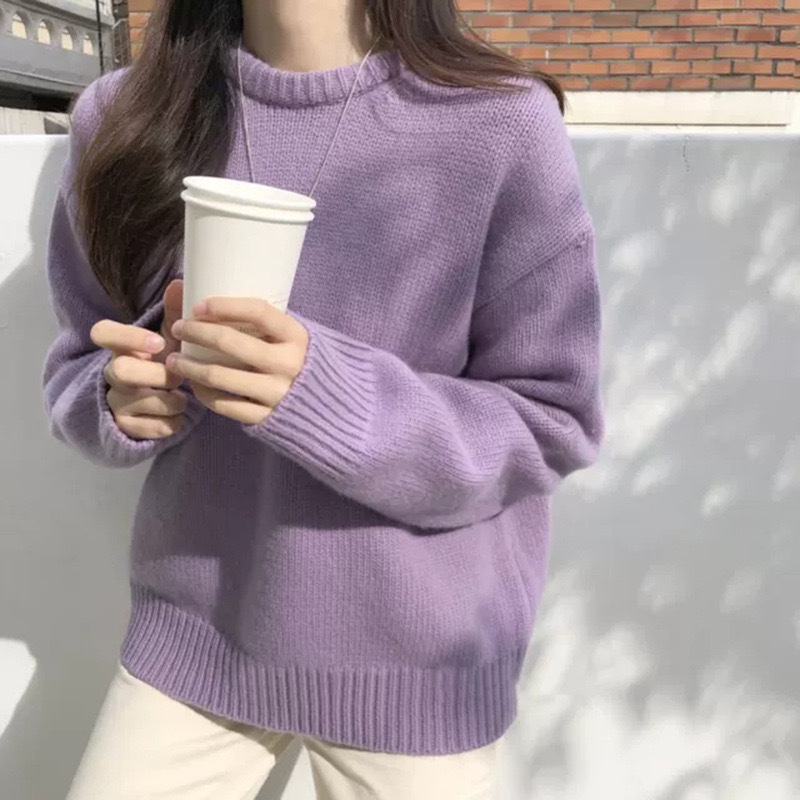 Solid-color Knitted Pullover Sweater For Women Korean Style Autumn Winter