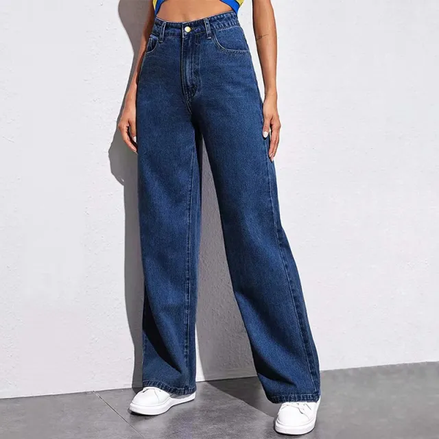 High Waist Wide Leg Jeans Slim Mop Straight Retro Hanging Dark Blue Straight - Shop at LoveMi